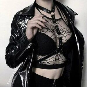 BLACK Leather Waist Shoulder Harness Bra Belt Choker Slave Fetish Bondage NWT